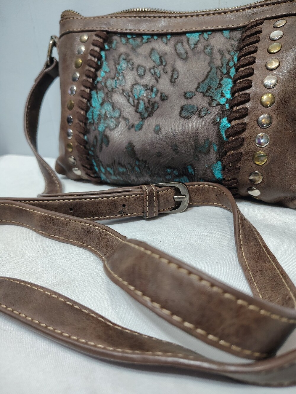 Montana West Trinity Ranch Hair on Hide Crossbody Bag Turquoise Studded Small - Picture 11 of 14